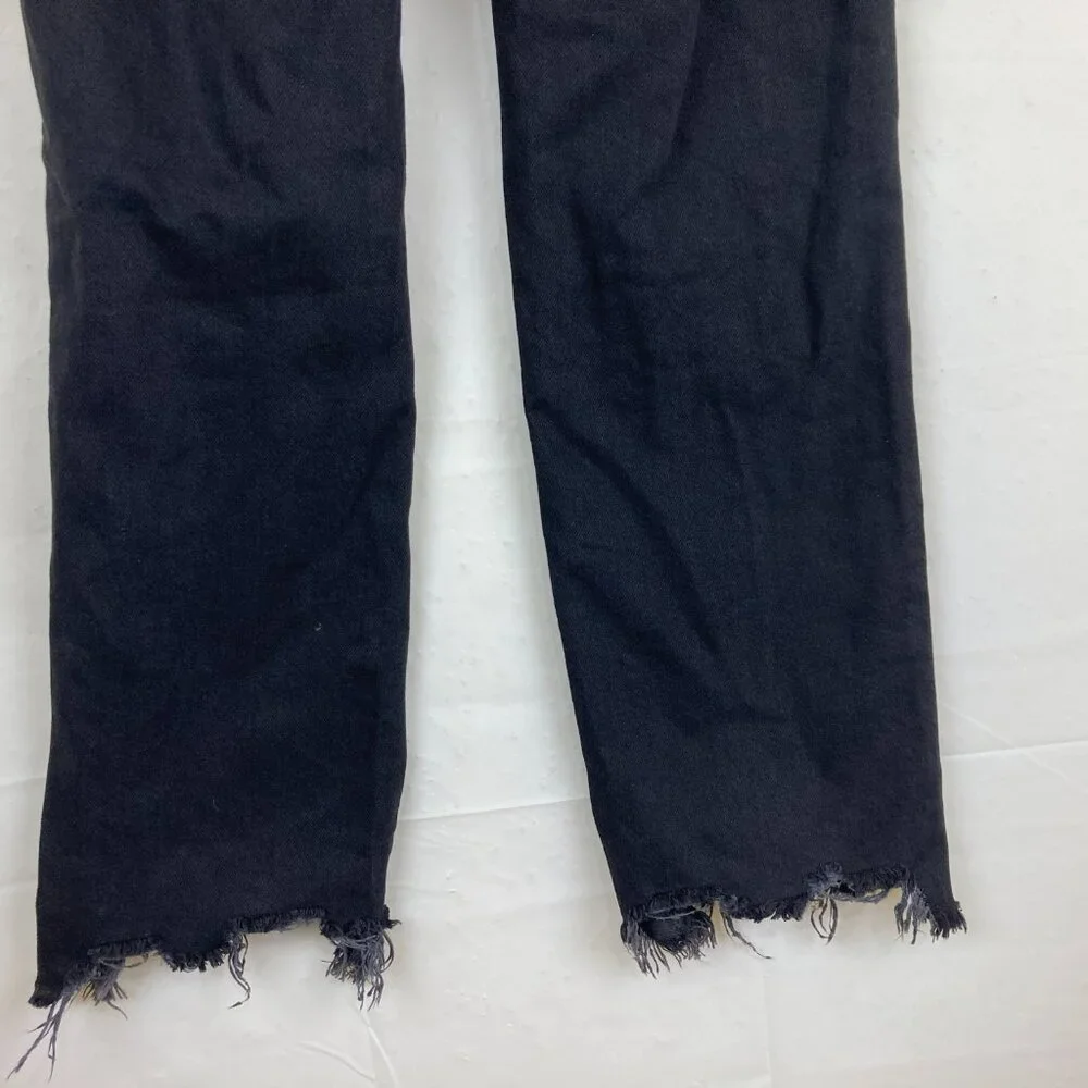 FREE PEOPLE Sz 25 Maggie Black Distressed Jeans Raw Hem Button Fly Mid Rise‎